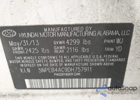 2013 Hyundai Sonata Gls z USA, uszkodzony, nr VIN 5NPEB4AC9DH757911